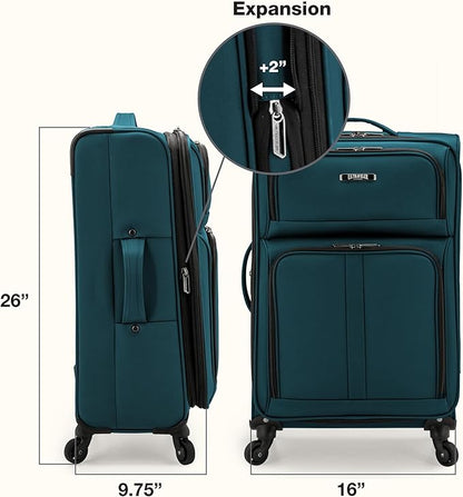U.S. Traveler Anzio Softside Sturdy Ballistic Nylon Expandable Travel Suitcase Luggage with 4 Spinner Wheels, Teal, Checked-Medium 26-Inch