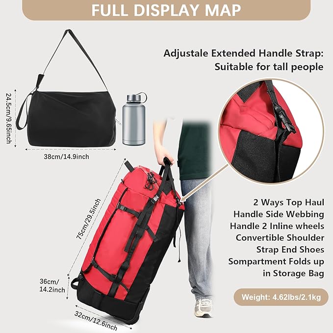 CONTAIL 86L Wheeled Duffel Bag, Soft Shell with Adjustable Web Handles, Carry On Size 29.5x14.2x12.6in, Foldable with Dual Wheels & Shoe Compartment,Red