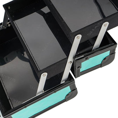 SHANY Chic Makeup Train Case Cosmetic Box Portable Makeup Case Cosmetics Beauty Organizer Jewelry storage with Locks, Multi trays Makeup Storage Box with Makeup Mirror - Turquoise