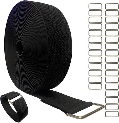 2inx32ft Hook and Loop Cable Straps with 25 Metal Buckles, Adjustable Fastening Straps, Reusable Free Cut Length Cord Straps