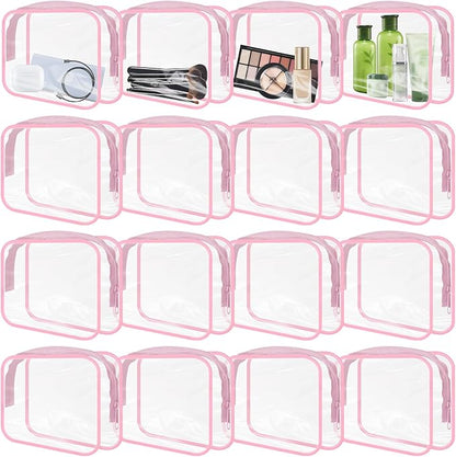 16 Pieces Clear Makeup Bags Bulk, TSA Approved Toiletry Bags Travel Pouch, Waterproof PVC Plastic Small Clear Cosmetic Bags with Zipper for Organizing (Pink Border)