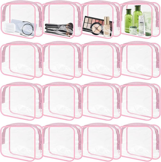 16 Pieces Clear Makeup Bags Bulk, TSA Approved Toiletry Bags Travel Pouch, Waterproof PVC Plastic Small Clear Cosmetic Bags with Zipper for Organizing (Pink Border)