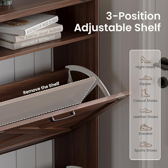 Shoe Storage Cabinet with 4 Flip Drawers Narrow Shoe Rack Cabinet Farmhouse Design Freestanding Shoe Organizer with Open Storage for Entryway,Hallway,Foyer,Walnut