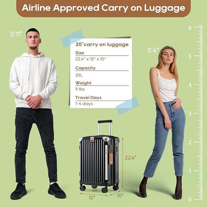 Joyway Carry On Luggage, Expandable Suitcase with Smart Cup Holder and USB Port, 20 IN Hardside Checked with TSA Lock Spinner Double Wheels, Black