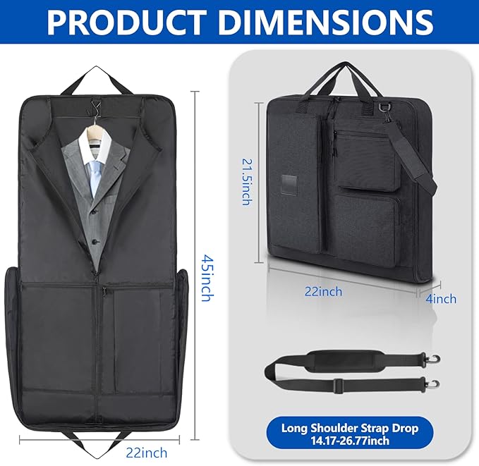 Garment Bag Travel Carry On Suit Bag for Traveling Business Trips Hanging Dress Clothes with Shoulder Strap Foldable for Men Women 45” Black