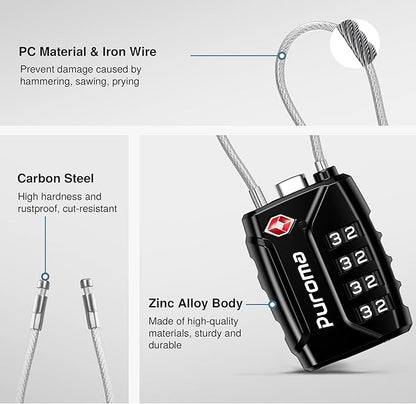 Puroma TSA Approved Luggage Locks, 4 Digit Combination Travel Locks Resettable Code Lock with Zinc Alloy Body for Suitcase, Toolbox, Backpack, Bag, Gym Locker (Basic Black)
