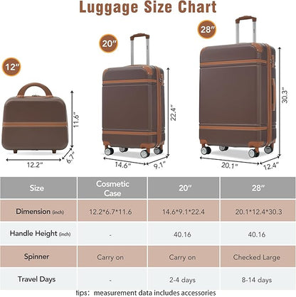 Merax Luggage Set, 2 Piece Luggage with Cosmetic Case, Vintage Hardcase Suitcase with Wheels, Expandable Luggage Airline Approved(Brown,20"+28")