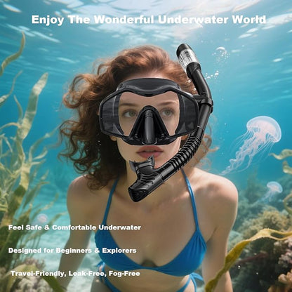 Snorkeling Gear for Adults,Dry-Top Snorkel Mask Set with Tempered Glass,Anti-Fog & Anti-Leak Panoramic Swim Mask,Adjustable Snorkel Kit with Carry Bag for Scuba Diving,Swimming,Travel