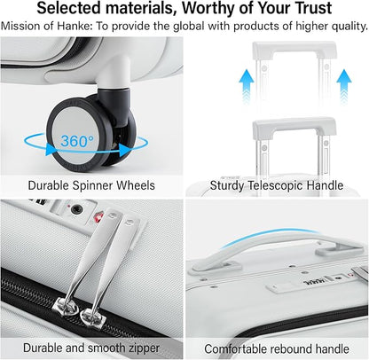 Hanke 24 Inch Luggage with Cup Holder and Charge,Top Opening Hard Shell Suitcases with Wheels and Dividers,Aluminum Frame Trunk Luggage Medium Checked Suitcase with Lock for Travel,Smoke White