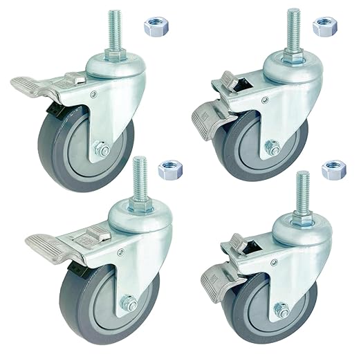 4 inch Swivel Caster Wheels Heavy Duty with Aluminum Brake, 1/2" x13-1-1/2 Threaded Stem Casters Set of 4, Polyurethane Grey PU Wheels for Hospital, Lab, Furnitures,Restaurant