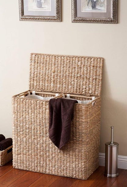 BIRDROCK HOME Oversized Divided Hamper with Liners (Honey) | Made of Natural Woven Seagrass Fiber | Organize Laundry | Cut-Out Handles for Easy Transport | Includes 2 Machine Washable Canvas Liners