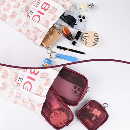 8 Pcs Mesh Makeup Bag Nylon Zipper Pouch Clear Small Mesh Bags Travel Toiletry Bag Makeup Brush Holder Purse Organizer Pouches (Wine Red, Small, Large, Medium)
