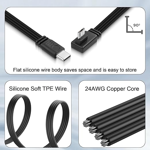 Flexible USB Type-C to Micro USB Cable,90 Degree Micro 5pin to USB C Flat Data Cable,Type C-to-Micro Short Flat Cable Supporting Charging& DataTransfer,for Phone,Camera,Laptop-30CM(Left)