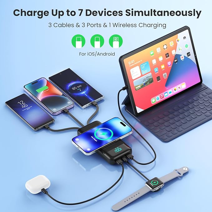 Wireless Portable Charger 40,800mAh with 3 Built-in Cables,15W Wireless Charging 25W PD QC4.0 Fast Charging USB-C Power Bank,7 Outputs Travel Essentials Battery Pack for iPhone 17/16/15/14,Android etc