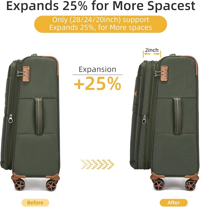 LARVENDER Luggage Sets 4 Piece, Softside Carry On Luggage Suitcase Set with 360° Spinner Wheels for Women Men(28/24/20/18) Army Green