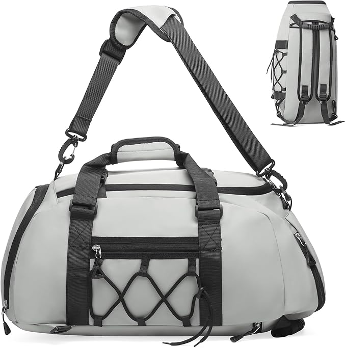 Unisex Travel Duffle Bag for Men Women, Waterproof Gym Bag with Shoe Compartment & Football Compartment, 32L Carry on Bag for Sports & Fitness, Light Gray