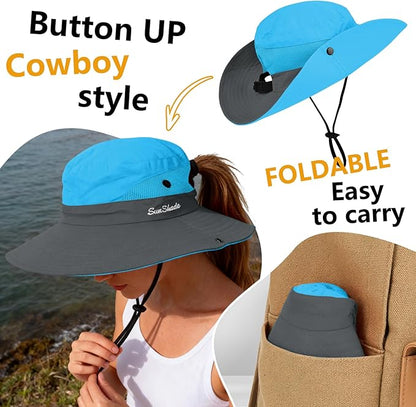 ZOORON Women's Ponytail Safari Sun Hat,Wide Brim UV Protection Outdoor Bucket Hat,Foldable Beach Summer Fishing Hat