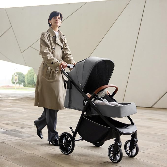 Tinyiota Stroller for Babies,Toddler Strollers with Large UPF 50+ Canopy,Luxury Baby Stroller with Leather Handle & Spacious Seat, One-Hand Foldable Pushchair,Baby Carriage with Lie-Flat Mode(Gray)