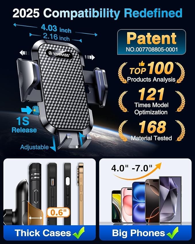 VANMASS [Pro Version] Universal Car Phone Mount [2025 Super Suction Cup] Phone Holder for Car, Cell Phone Car Mount for Windshield Dash Vent Truck Stand for iPhone 17 Pro Max 16 15 14 Samsung Android