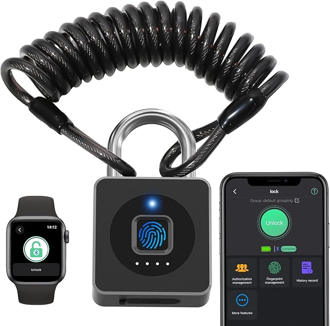 Fingerprint Padlock with Cable 130 cm eLinkSmart Fingerprint Lock App Unlock Keyless Biometric Outdoor Waterproof Padlock for Gym Locker Helmet Gate Fence Luggage Black