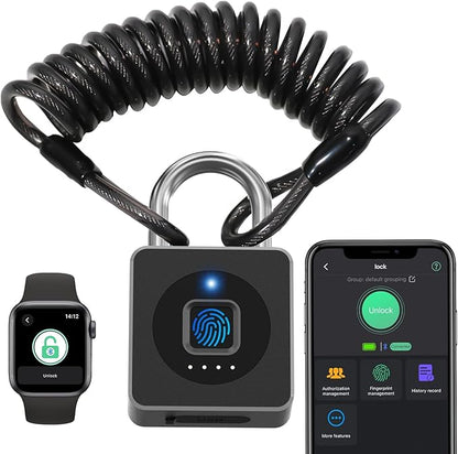 Fingerprint Padlock with Cable 130 cm eLinkSmart Fingerprint Lock App Unlock Keyless Biometric Outdoor Waterproof Padlock for Gym Locker Helmet Gate Fence Luggage Black