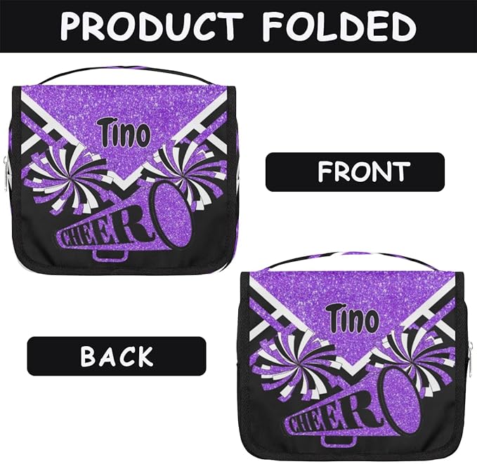 Personalized Hanging Toiletry Bag for Women, Cheerleading Large Capacity Travel Custom Name For Mothers Day, Birthday, Anniversary, Wedding, Purple Black Glitters