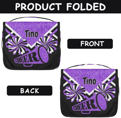 Personalized Hanging Toiletry Bag for Women, Cheerleading Large Capacity Travel Custom Name For Mothers Day, Birthday, Anniversary, Wedding, Purple Black Glitters