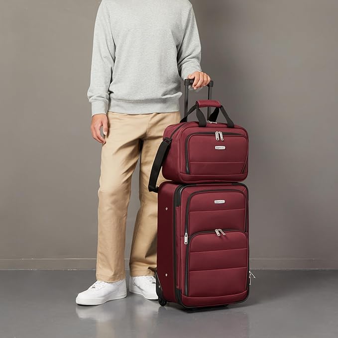 Amazon Basics Luggage Sets, Carry-On 23-Inch, tote 15-Inch, Suitcase With Wheels, Expandable Extra Space (+15%), Front Pockets and Telescopic Handle, Burgundy