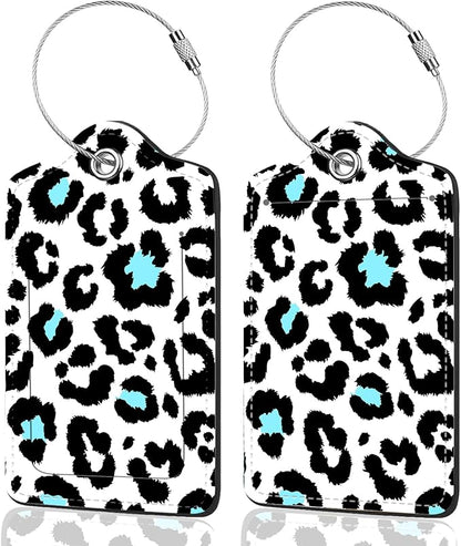 2Pack Luggage Tags for Suitcases, Cute Unique Pu Leather Cruise Luggage Tag with Privacy Cover ID Label Address Card and Metal Ring Suitable for Women Men Kids Travel Bag Black Leopard Print
