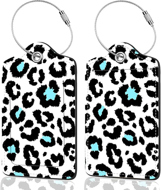 2Pack Luggage Tags for Suitcases, Cute Unique Pu Leather Cruise Luggage Tag with Privacy Cover ID Label Address Card and Metal Ring Suitable for Women Men Kids Travel Bag Black Leopard Print