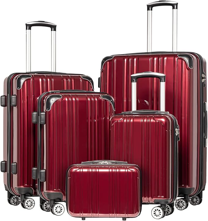 Coolife Luggage Expandable(only 28") Suitcase PC+ABS Spinner 20in 24in 28in Carry on (wine wind new, 5 piece set)