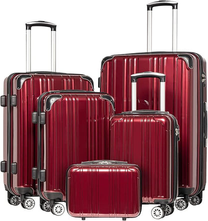 Coolife Luggage Expandable(only 28") Suitcase PC+ABS Spinner 20in 24in 28in Carry on (wine wind new, 5 piece set)