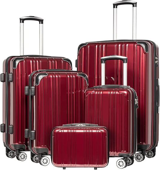 Coolife Luggage Expandable(only 28") Suitcase PC+ABS Spinner 20in 24in 28in Carry on (wine wind new, 5 piece set)