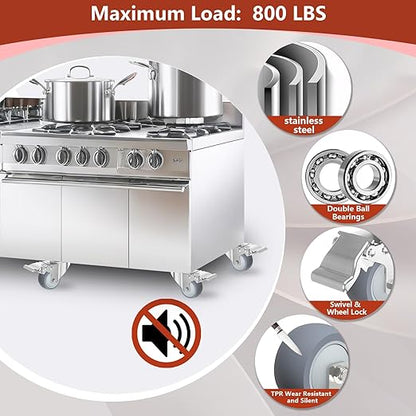 2 Inch Heavy Duty Stainless Steel Caster Wheels with Brake, 304 Swivel Casters Set of 4, 1000 lbs Load, Quiet Non-Marking TPR Wheels for Furniture, Kitchen, Labs, Industrial, Hardware Included
