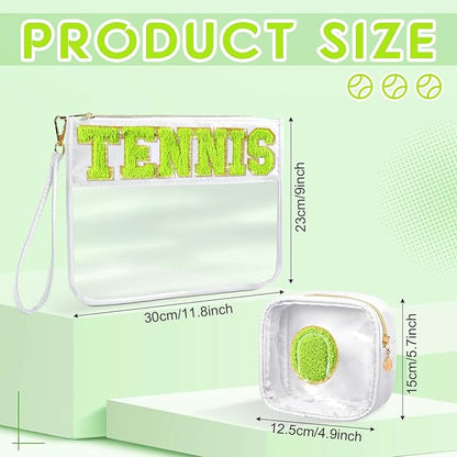 2 Pcs Tennis Gifts Cosmetic Makeup Bag with Chenille Letter Patch,with Handles PVC Waterproof Clear Makeup Bag,Portable Toiletry Storage Bag,Players & Fans Birthday, Team or Sports Lover Presents