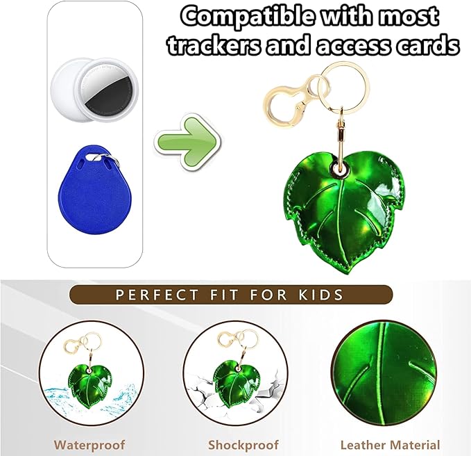 Shiny Leather Charm Keychain Holder Case Compatible with AirTag,Cute Protective Cover with Keyring,Anti-Scratch Finder GPS Tracker Case for Wallet Keys,Bag,Pets(Leaf)