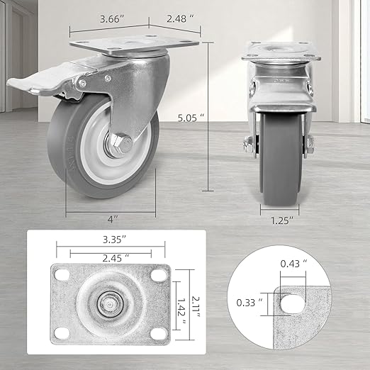 4 Inch Caster Wheel, Rubber Wheels Silent Castor- Set of 4 Heavy Duty Caster Wheels with Brake 1600Lbs, Industrial Plate Casters Wheels for Cart Furniture Workbench (2 Brake & 2 Swivel)