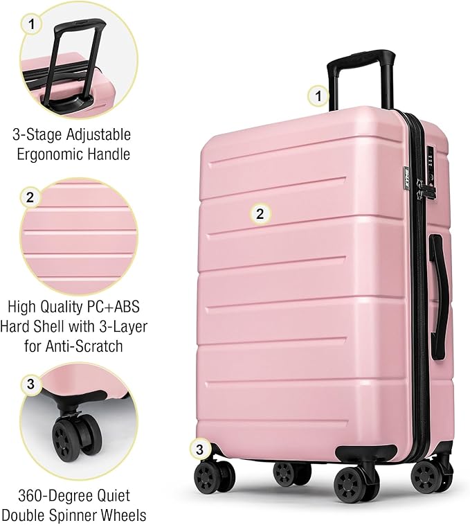 KYME Luggage Sets 2 Piece Suitcase Set Hardshell 20 inch/24 inch Luggage with Spinner Wheels Hardside PC+ABS Checked Large Suitcase with TSA Lock for Women Pink
