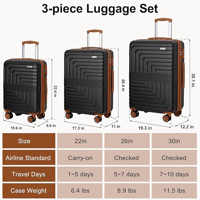 Romswi 3 Piece Luggage Sets, Expandable PC+ABS Hardshell Suitcase Set with TSA Lock YKK Zipper and Dual Spinner Wheels, Large Checked Travel Suitcases, 22/26/30 Inch, Black
