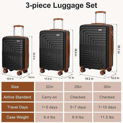 Romswi 3 Piece Luggage Sets, Expandable PC+ABS Hardshell Suitcase Set with TSA Lock YKK Zipper and Dual Spinner Wheels, Large Checked Travel Suitcases, 22/26/30 Inch, Black