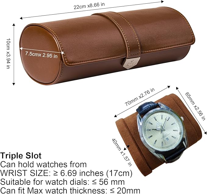 DUKWIN Watch Roll for 3 Watches, Vegan Leather Travel Watch Case Organizer with Removable Pillows for Men and Women,Display Case for Watches Collection and Gift for Anniversary Birthday(Brown Storage)