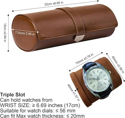 DUKWIN Watch Roll for 3 Watches, Vegan Leather Travel Watch Case Organizer with Removable Pillows for Men and Women,Display Case for Watches Collection and Gift for Anniversary Birthday(Brown Storage)