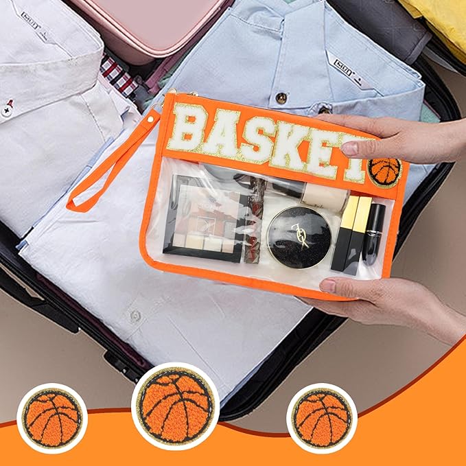 2 Pcs Basketball Gifts Makeup Bag with Chenille Letter Patch,with Handles PVC Waterproof Clear Makeup Bag,Portable Toiletry Storage Bag,Players & Fans Birthday, Team or Sports Lover Presents