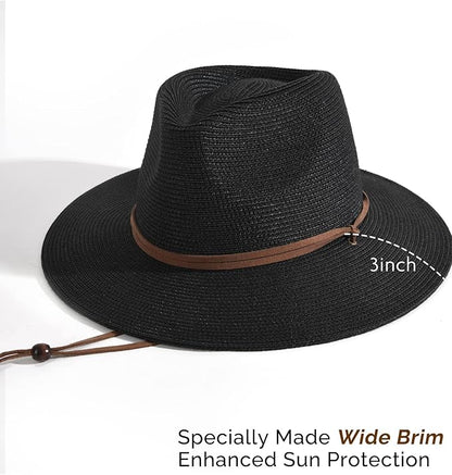 FURTALK Womens Summer Straw Sun Hats Wide Brim Panama Fedora Beach Hat with Wind Lanyard UPF 80+
