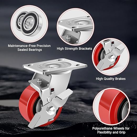 Nefish 4 Inch Heavy Duty Casters Wheels, Industrial Grade Polyurethane Casters Set of 4 with Dual Ball Bearing, Solid Polyurethane Wheel 2500 Lb, Plate Swivel Casters for Cart, Industrial, Machine