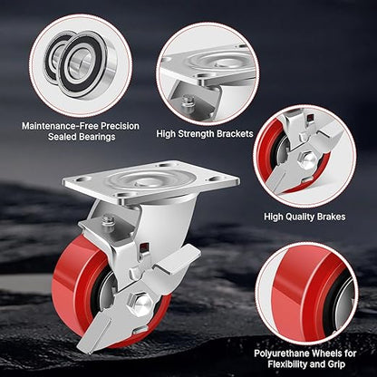 Nefish 4 Inch Heavy Duty Casters Wheels, Industrial Grade Polyurethane Casters Set of 4 with Dual Ball Bearing, Solid Polyurethane Wheel 2500 Lb, Plate Swivel Casters for Cart, Industrial, Machine