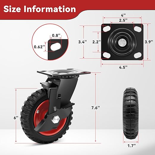 Nefish 6 Inch Heavy Duty Casters Wheels, Premium Rubber Outdoor Casters Wheels, Industrial Grade Rubber Castors with Knobby Tread for Dolly 1800 LBS, Industrial and Chicken Coop (2 Brake & 2 Rigid)