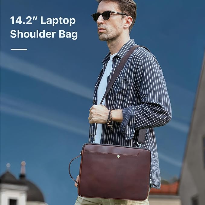 Top Grain Leather 14.2" Slim Laptop Bag Case, Handmade, Adjustable Strap & 2 Pockets, Compatible with MacBook Pro 14 inch 2021 2022 M1 Pro/M1 Max A2442 & Other PC, Red Coffee 14.2 Inch