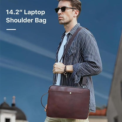 Top Grain Leather 14.2" Slim Laptop Bag Case, Handmade, Adjustable Strap & 2 Pockets, Compatible with MacBook Pro 14 inch 2021 2022 M1 Pro/M1 Max A2442 & Other PC, Red Coffee 14.2 Inch