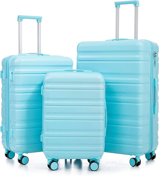 Campfun 3 Piece Luggage Sets, ABS Suitcase Set with Double Spinner Wheels Hang Hook, Durable Carry On Luggage with Combination Lock, 20/24/28 inch, Blue